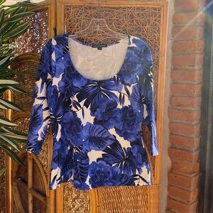 Boston Proper Blue & White Floral Fabric Blouse Top Size L Excellent Condition